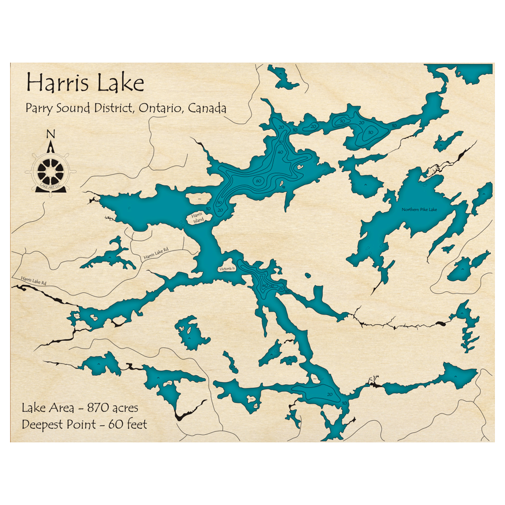Bathymetric topo map of Harris Lake, ON with roads, towns and depths noted in blue water.