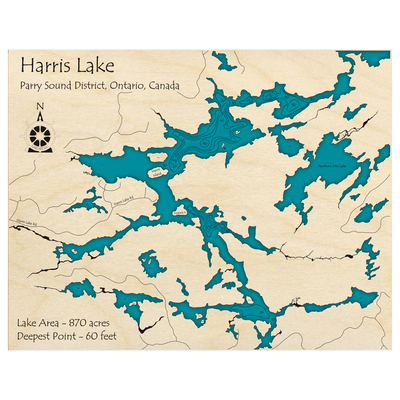 Bathymetric topo map of Harris Lake, ON with roads, towns and depths noted in blue water.