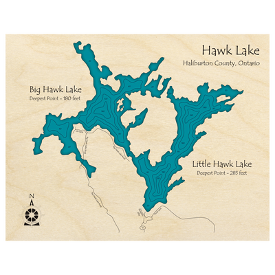 Bathymetric topo map of Big and Little Hawk Lakes, ON with roads, towns and depths noted in blue water.