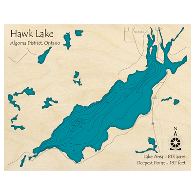 Bathymetric topo map of Hawk Lake, ON with roads, towns and depths noted in blue water.