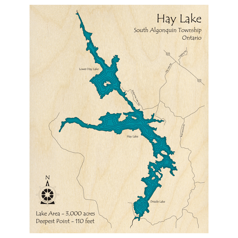 Bathymetric topo map of Hay Lake, ON with roads, towns and depths noted in blue water.
