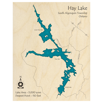 Bathymetric topo map of Hay Lake, ON with roads, towns and depths noted in blue water.