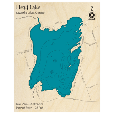Bathymetric topo map of Head Lake, ON with roads, towns and depths noted in blue water.