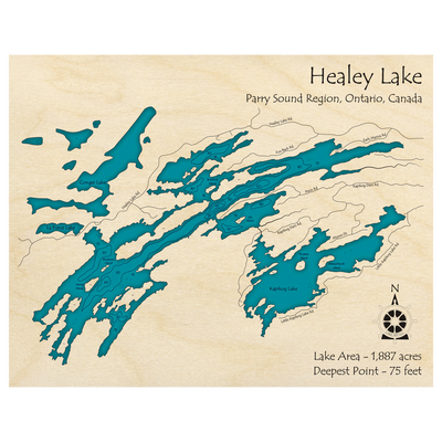 Bathymetric topo map of Healey Lake, ON with roads, towns and depths noted in blue water.