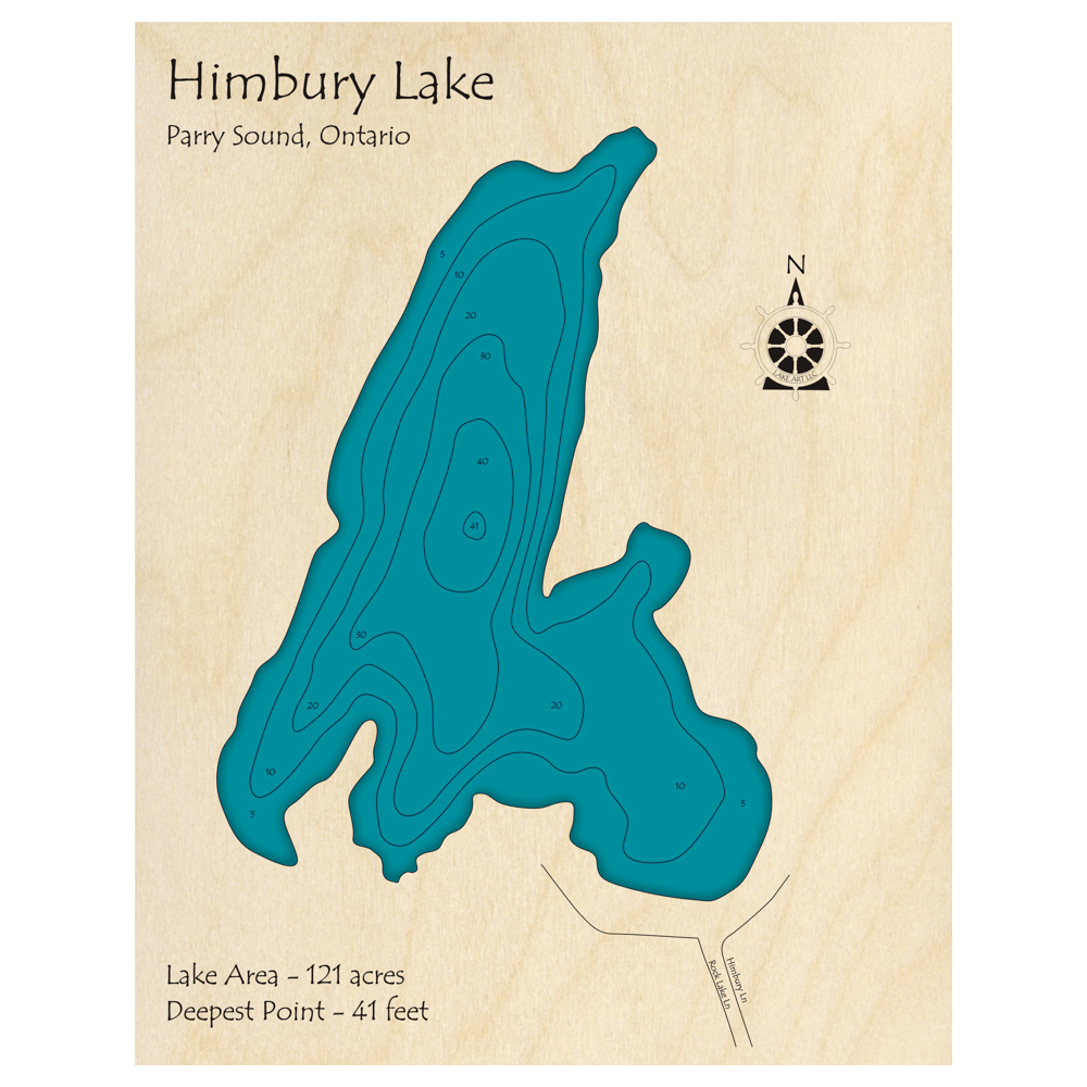 Bathymetric topo map of Himbury Lake, ON with roads, towns and depths noted in blue water.