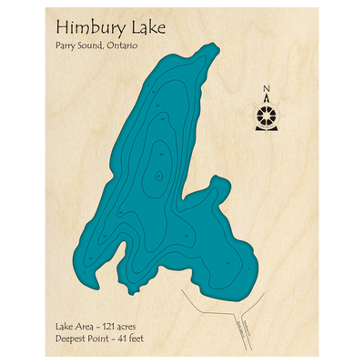 Bathymetric topo map of Himbury Lake, ON with roads, towns and depths noted in blue water.