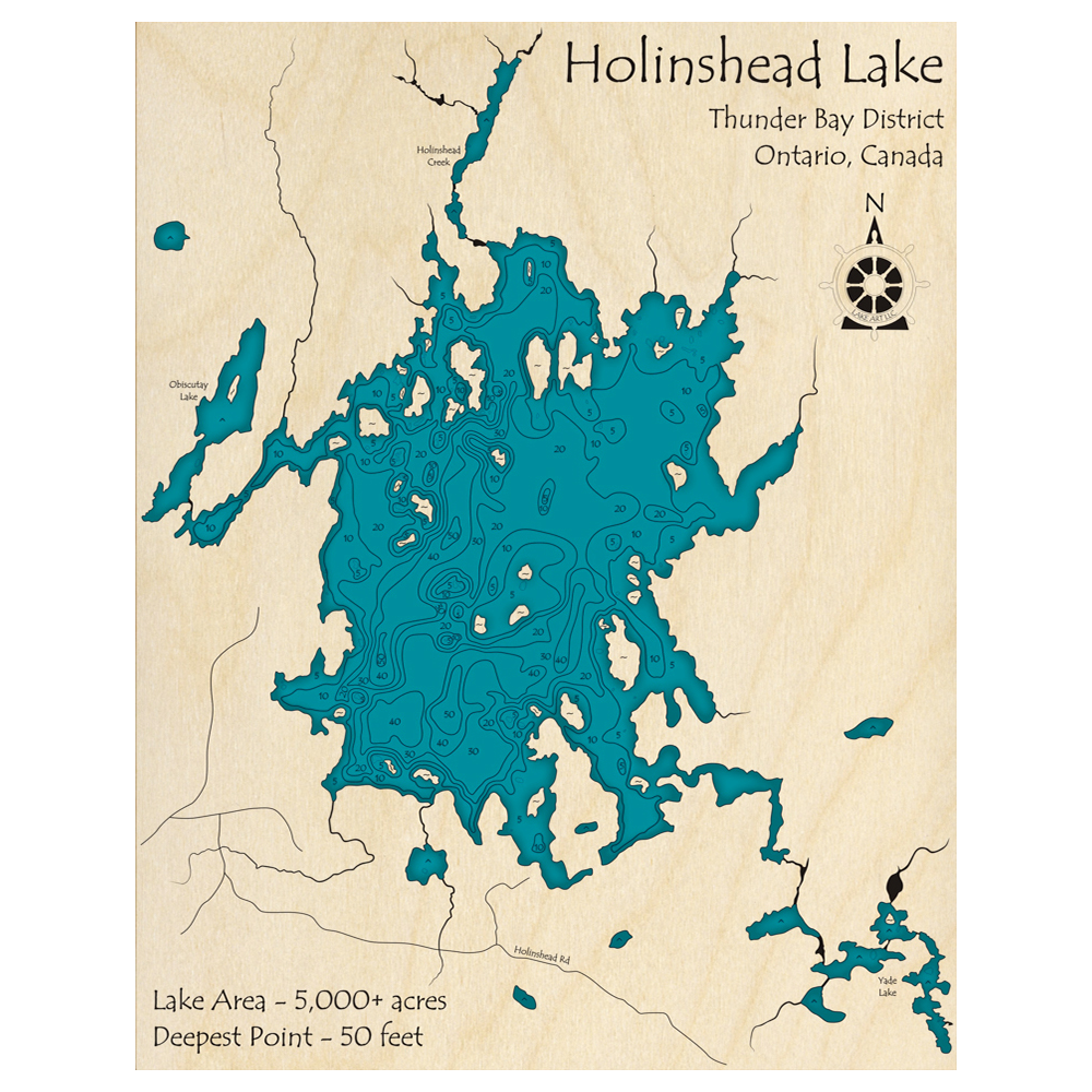 Bathymetric topo map of Holinshead Lake, ON with roads, towns and depths noted in blue water.