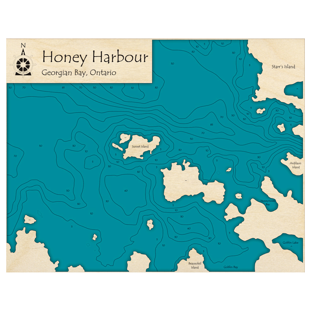 Bathymetric topo map of Honey Harbour Area, ON with roads, towns and depths noted in blue water.