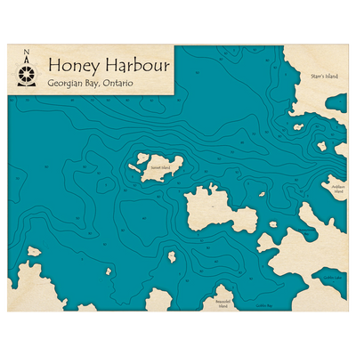 Bathymetric topo map of Honey Harbour Area, ON with roads, towns and depths noted in blue water.