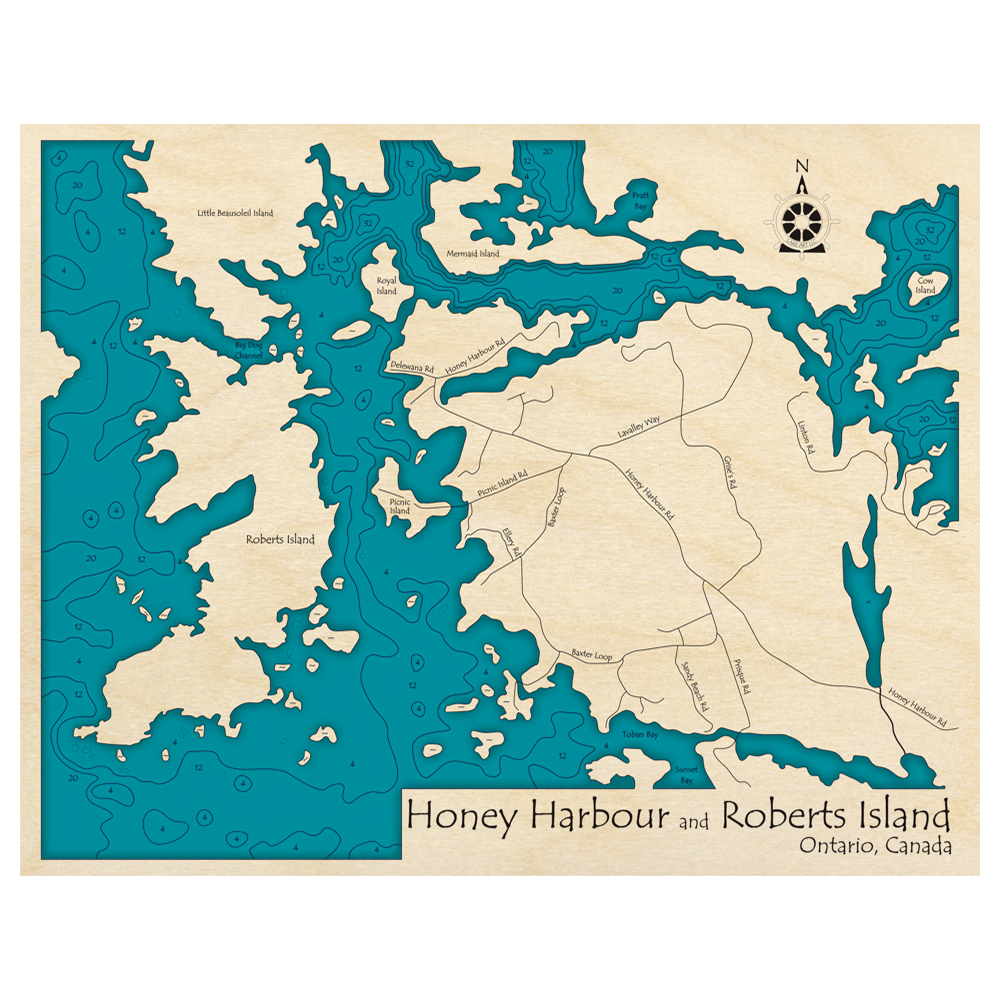 Bathymetric topo map of Honey Harbour and Roberts Island, ON with roads, towns and depths noted in blue water.