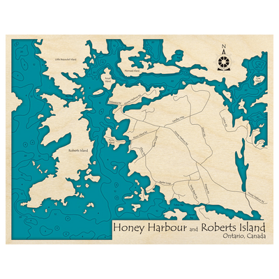 Bathymetric topo map of Honey Harbour and Roberts Island, ON with roads, towns and depths noted in blue water.