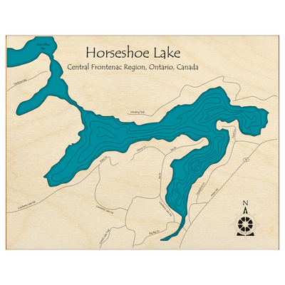 Bathymetric topo map of Horseshoe Lake, ON with roads, towns and depths noted in blue water.