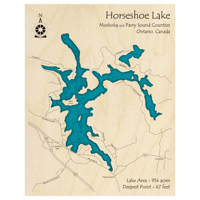 Bathymetric topo map of Horseshoe Lake, ON with roads, towns and depths noted in blue water.