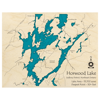 Bathymetric topo map of Horwood Lake, ON with roads, towns and depths noted in blue water.