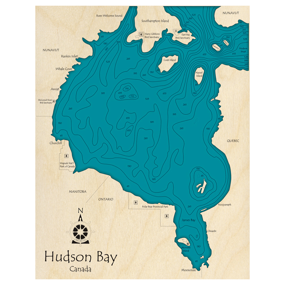 Bathymetric topo map of Hudson Bay, ON with roads, towns and depths noted in blue water.