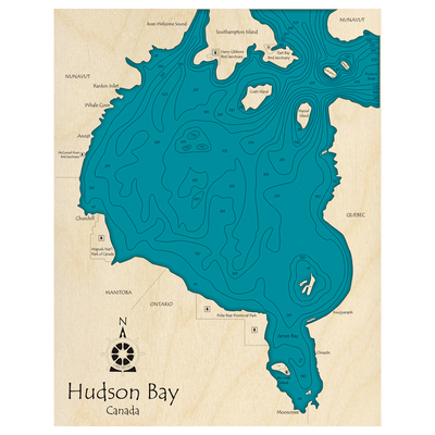 Bathymetric topo map of Hudson Bay, ON with roads, towns and depths noted in blue water.