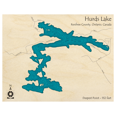 Bathymetric topo map of Hurds Lake, ON with roads, towns and depths noted in blue water.