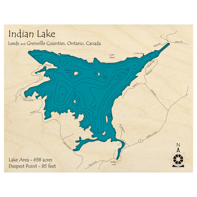 Bathymetric topo map of Indian Lake, ON with roads, towns and depths noted in blue water.