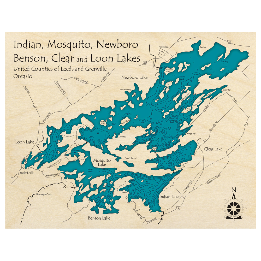Bathymetric topo map of Newboro Lake, ON with roads, towns and depths noted in blue water.