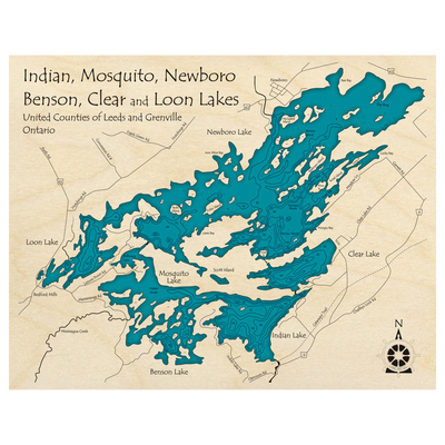 Bathymetric topo map of Newboro Lake, ON with roads, towns and depths noted in blue water.