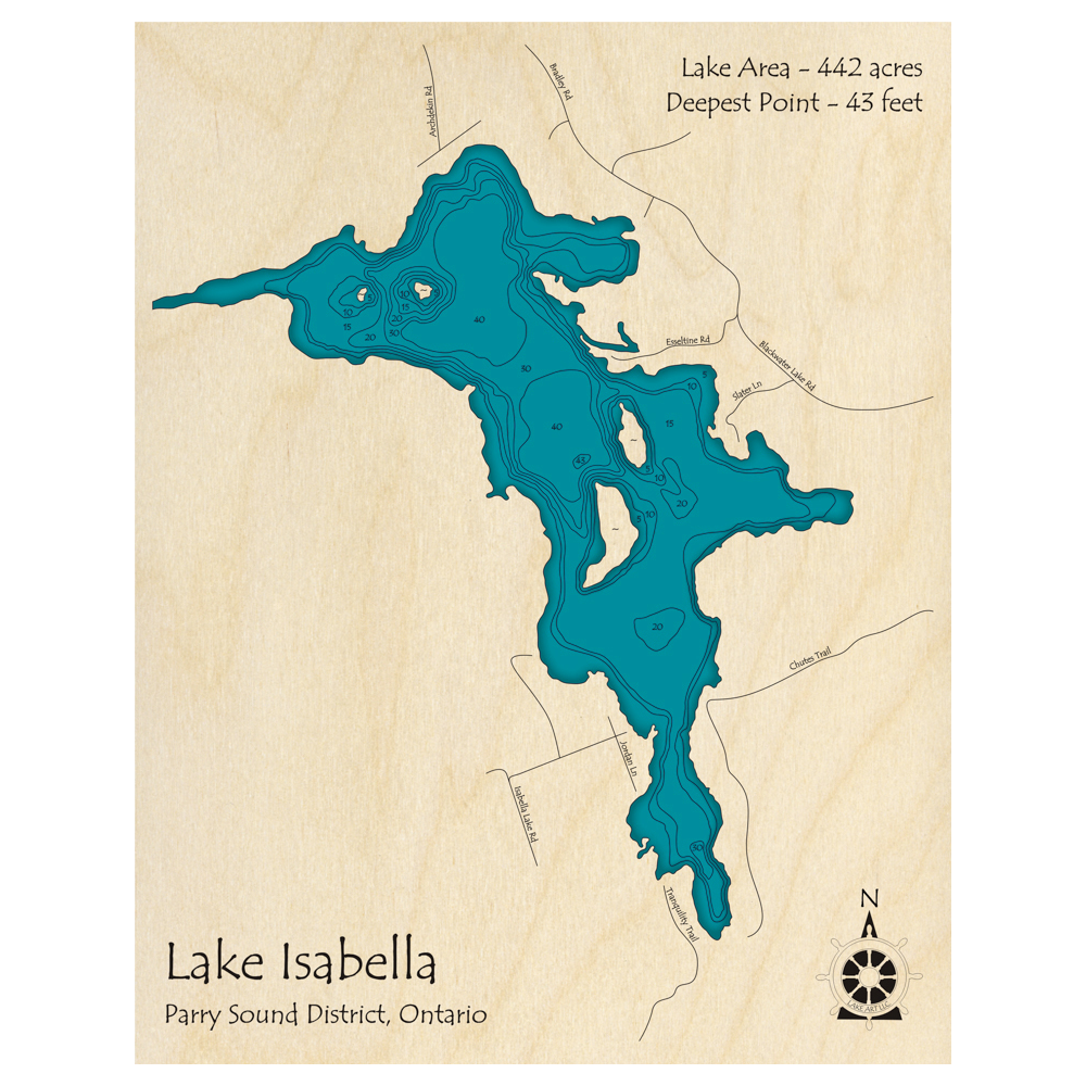 Bathymetric topo map of Lake Isabella, ON with roads, towns and depths noted in blue water.