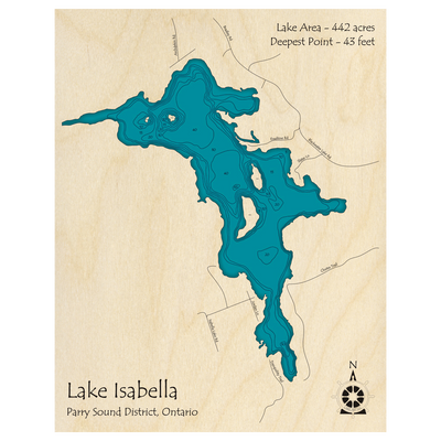 Bathymetric topo map of Lake Isabella, ON with roads, towns and depths noted in blue water.