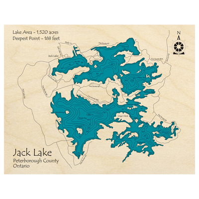 Bathymetric topo map of Jack Lake, ON with roads, towns and depths noted in blue water.