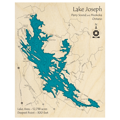 Bathymetric topo map of Lake Joseph, ON with roads, towns and depths noted in blue water.