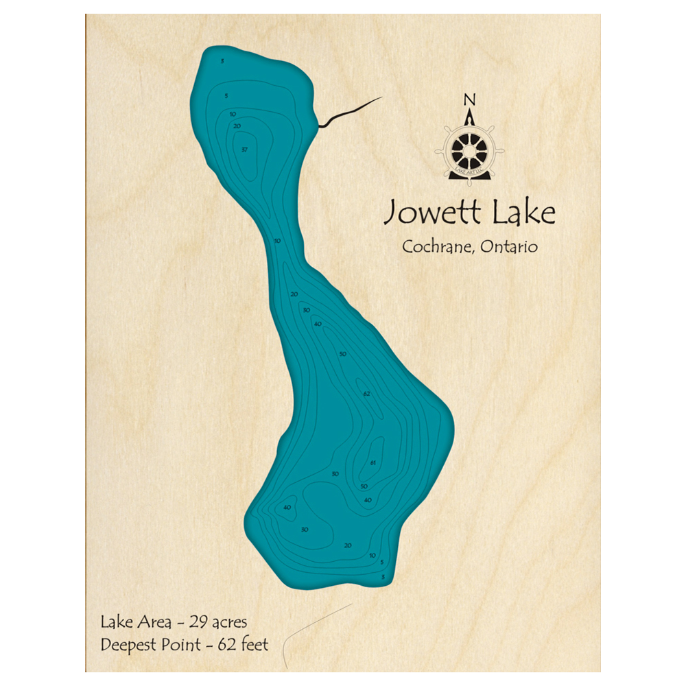 Bathymetric topo map of Jowett Lake, ON with roads, towns and depths noted in blue water.