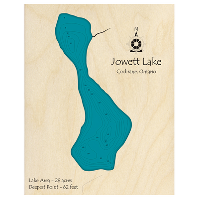 Bathymetric topo map of Jowett Lake, ON with roads, towns and depths noted in blue water.