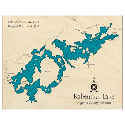 Bathymetric topo map of Kabenung Lake, ON with roads, towns and depths noted in blue water.