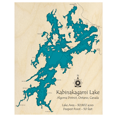 Bathymetric topo map of Kabinakagami Lake, ON with roads, towns and depths noted in blue water.