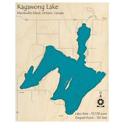 Bathymetric topo map of Kagawong Lake, ON with roads, towns and depths noted in blue water.