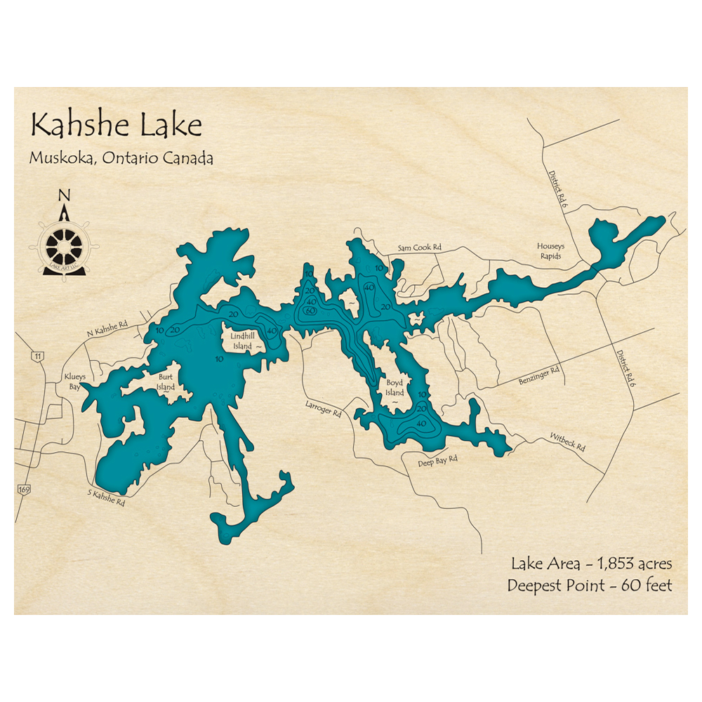 Bathymetric topo map of Kahshe Lake, ON with roads, towns and depths noted in blue water.