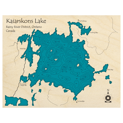 Bathymetric topo map of Kaiarskons Lake, ON with roads, towns and depths noted in blue water.