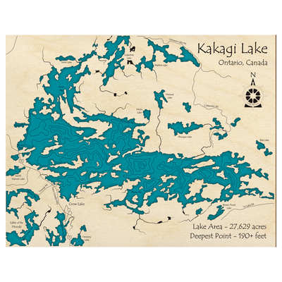Bathymetric topo map of Kakagi Lake, ON with roads, towns and depths noted in blue water.