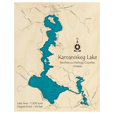 Bathymetric topo map of Kamaniskeg Lake, ON with roads, towns and depths noted in blue water.