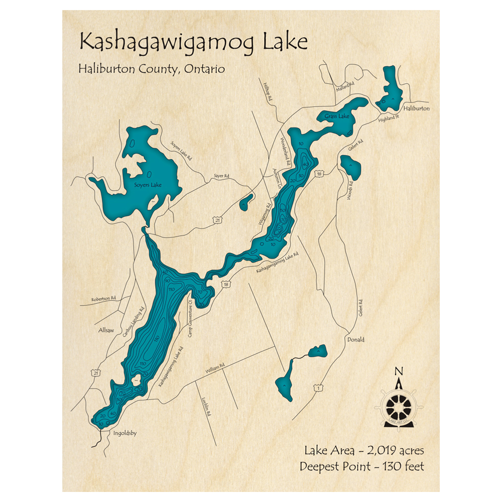 Bathymetric topo map of Kashagawigamog Lake, ON with roads, towns and depths noted in blue water.