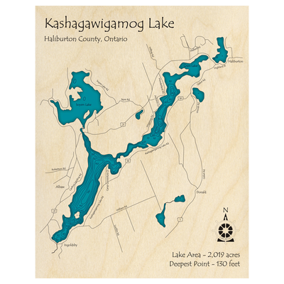 Bathymetric topo map of Kashagawigamog Lake, ON with roads, towns and depths noted in blue water.