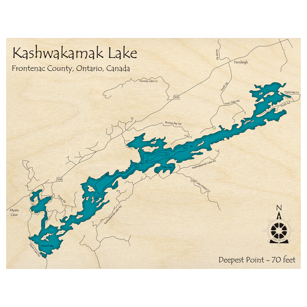 Bathymetric topo map of Kashwakamak Lake, ON with roads, towns and depths noted in blue water.