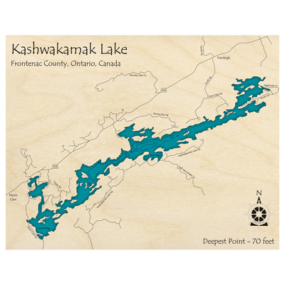 Bathymetric topo map of Kashwakamak Lake, ON with roads, towns and depths noted in blue water.