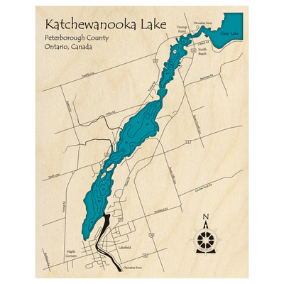 Bathymetric topo map of Katchewanooka Lake, ON with roads, towns and depths noted in blue water.