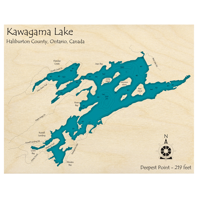 Bathymetric topo map of Kawagama Lake, ON with roads, towns and depths noted in blue water.
