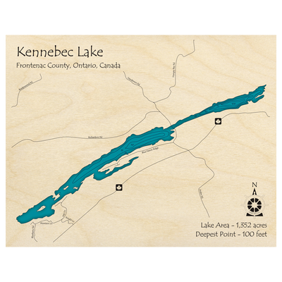 Bathymetric topo map of Kennabec Lake, ON with roads, towns and depths noted in blue water.