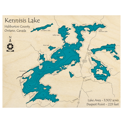 Bathymetric topo map of Kennisis Lake, ON with roads, towns and depths noted in blue water.