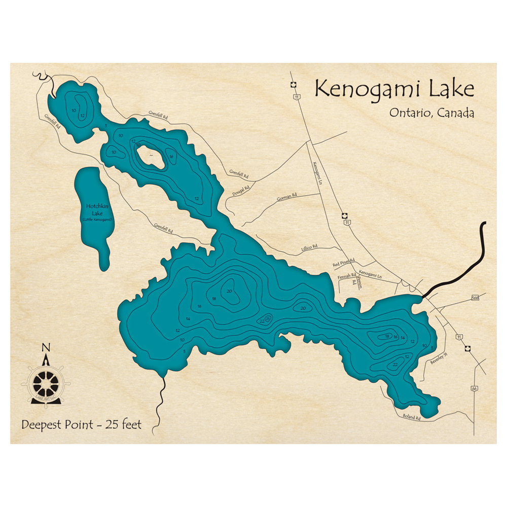 Bathymetric topo map of Kenogami Lake, ON with roads, towns and depths noted in blue water.