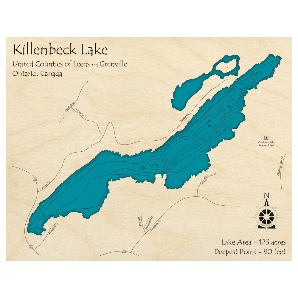 Bathymetric topo map of Killenbeck Lake, ON with roads, towns and depths noted in blue water.