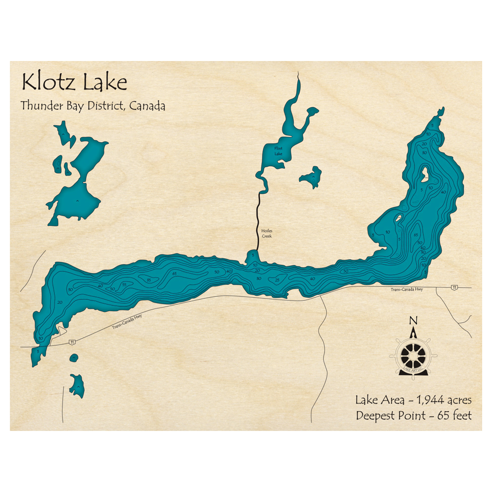 Bathymetric topo map of Klotz Lake, ON with roads, towns and depths noted in blue water.
