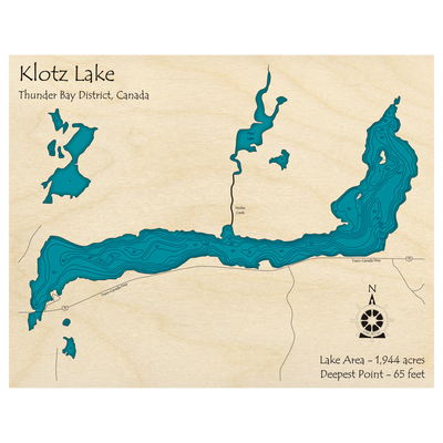 Bathymetric topo map of Klotz Lake, ON with roads, towns and depths noted in blue water.