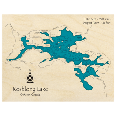 Bathymetric topo map of Koshlong Lake, ON with roads, towns and depths noted in blue water.